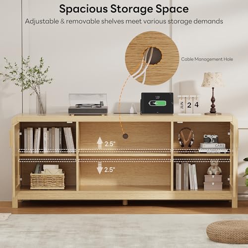 TV Stand with Power Outlet for TVs up to 65", Entertainment Center with Rattan Doors Storage & Adjustable Shelves, Cord Holes, Modern Media Console for Living Room, Natural