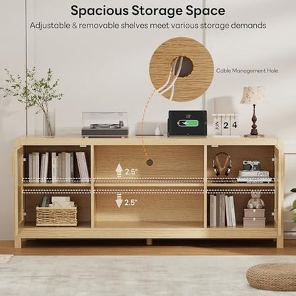 TV Stand with Power Outlet for TVs up to 65", Entertainment Center with Rattan Doors Storage & Adjustable Shelves, Cord Holes, Modern Media Console for Living Room, Natural