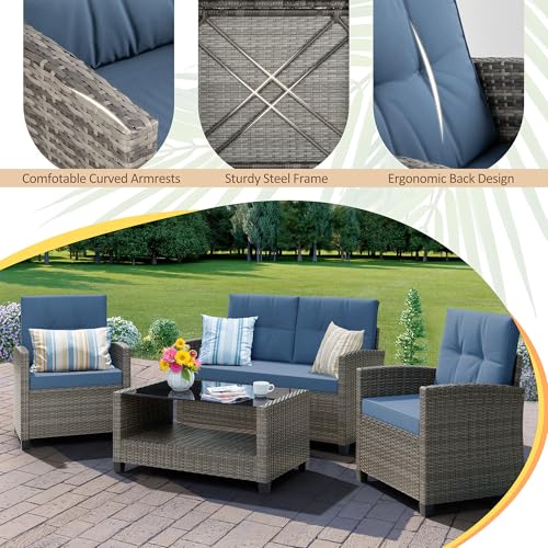 4 Piece Patio Furniture Set, Outdoor Rattan Conversation Set with Coffee Table, Outside Wicker Sectional Sofa Couch with Cushion, Gray and Blue