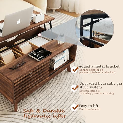 Lift Top Coffee Table, Mid Century Modern Coffee Table with Storage for Living Room, 35.4'' Walnut Coffee Tables with Sliding Fence Door (Brown)
