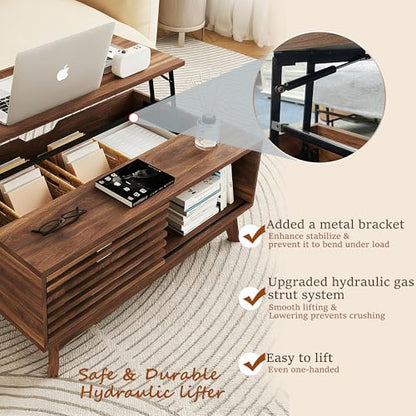 Lift Top Coffee Table, Mid Century Modern Coffee Table with Storage for Living Room, 35.4'' Walnut Coffee Tables with Sliding Fence Door (Brown)
