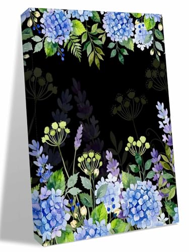 NuYeBiofx Watercolor Purple Hydrangea Canvas Wall Art Prints,48"x32" Framed Picture Artwork Garden Flower Leaves on Black Printed Canvas Oil Painting for Living Room Bedroom Office,Ready to Hang