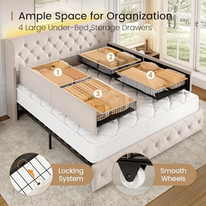 King Size Bed Frame with 4 Storage Drawers and Wingback Headboard, view 5