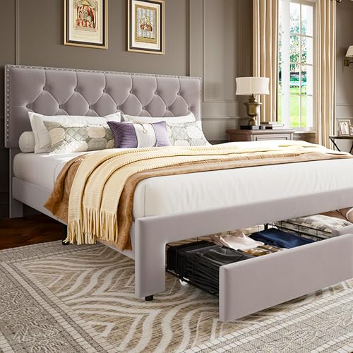 Full Size Velvet Upholstered Bed Frame, 2 Storage Drawers with Smooth Casters, view 2