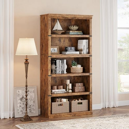 5 Tier Bookcase, Farmhouse Book Shelf with Storage, 71" Tall Book Case Wooden 5 Shelf Bookcase for Home Office, Living Room, Bed Room (Vintage, 67.4" H x 31.5" W x 12.8" D)