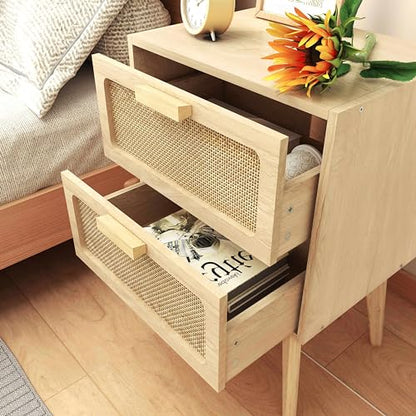 Rattan Nightstand, Wood End Table, Side Table with 2 Hand Made Rattan Decorated Drawers,Boho Bedside Table,Wood Accent Table with Storage for Livingroom, Bedroom, Natural CTG59Y