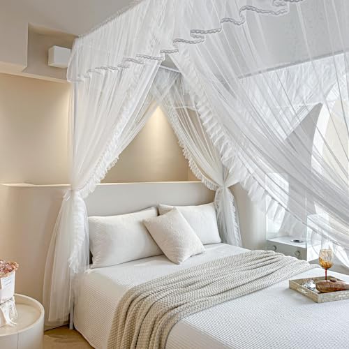 AIKASY 4 Corners Post Ruffle Princess Bed Canopy Curtain, view 9