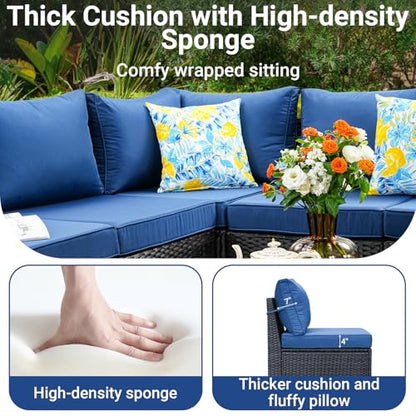 5-Piece Patio Furniture Set, All-Weather Outdoor Wicker Sectional Sofa with Cushions, Tempered Glass Table & Ottoman,Rattan Conversation Seating for Porch, Garden, Backyard,Navy