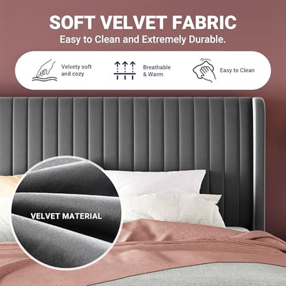 Queen Size Velvet Bed Frame/Vertical Channel Tufted Wingback, view 8