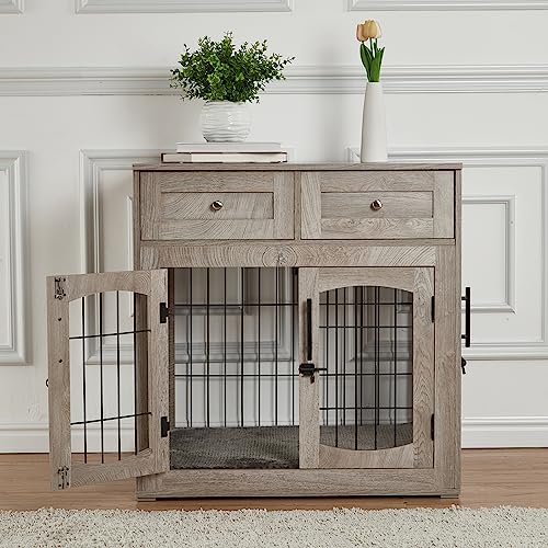 Dog Crate Furniture with 3 Doors, 39.4" Large Dog Crate with 2 Drawer & Cushion, view 3