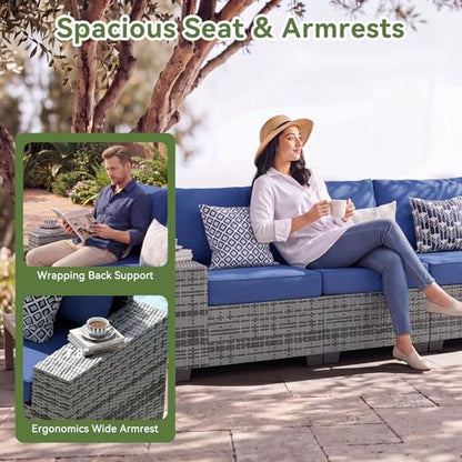 13 PCS Patio Furniture Set with 44'' Fire Pit Table, Outdoor Sectional All-Weather Wicker Conversation Set with Swivel Rocker Chairs, 4'' Thick Cushions for Backyard Poolside(Navy/Grey)