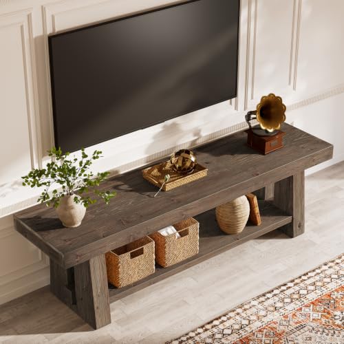63-Inch Solid Wood TV Stand, 2-Tier Farmhouse Entertainment Center with Open Storage Shelves, TV Consoles for Living Room Bedroom, Wood Television Console for TVs up to 75 Inches