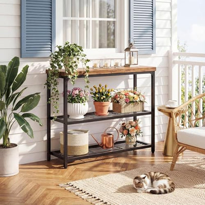 32" Small Console Table with Storage, 3-Tier Industrial Narrow Entryway Table with Mesh Shelves, Sofa Table Behind Couch for Hallway Foyer Living Room, Sturdy Metal Frame, Rustic Brown