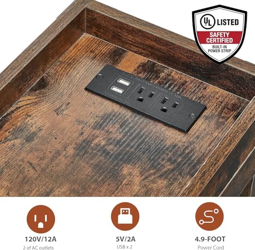 Narrow End Table with Charging Station, Rustic Brown Side Table with 2 USB Ports & Power Outlets, Slim Industrial Nightstand for Small Spaces, Living Room Sofa & Bedroom