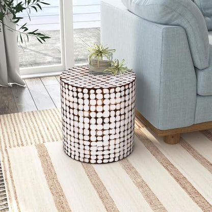 Boho Side Table Nightstand – White Coconut Shell End Table, Handcrafted Accent Furniture for Living Room, Bedroom, or Entryway – Rustic Coastal Decor, No Assembly Needed