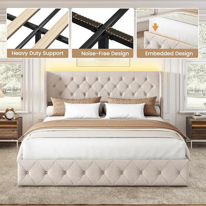 King Size Bed Frame with 4 Storage Drawers and Wingback Headboard, view 7