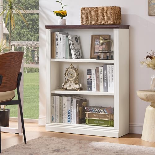 43" White Bookshelf, 3 Tier Farmhouse Small Wooden Book Shelf, view 2