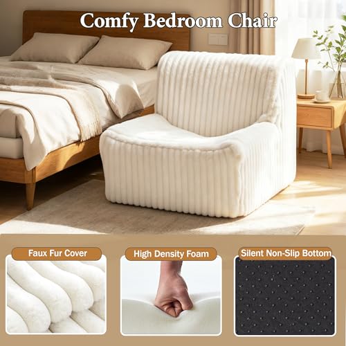 32'' Accent Chair Armless, Boneless Space-Saving Reading Chairs with Spacious Seating, Comfy Faux Fur Cover, Ideal Floor Couch for Bedroom, Living Room,College, Apartment(White)