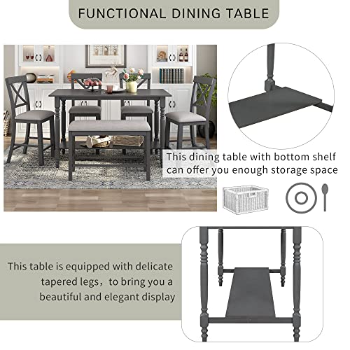 Farmhouse Style 6-Pieces Counter Height Dining Table Set with 4 Upholstered Chair, Storage Shelf and Upholstered Bench, Wood Kitchen Dining Table Set for 6 Person (Gray, Bottom Shelf)