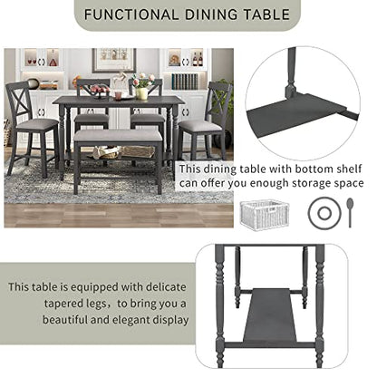 Farmhouse Style 6-Pieces Counter Height Dining Table Set with 4 Upholstered Chair, Storage Shelf and Upholstered Bench, Wood Kitchen Dining Table Set for 6 Person (Gray, Bottom Shelf)
