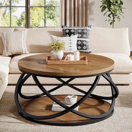 Tribesigns 2-Tier Round Coffee Table, 31.5" Circle Center Table, Wood Grain Accent Table with Storage Shelf and Cross Metal Frame for Living Room, Small Space, Rustic Brown