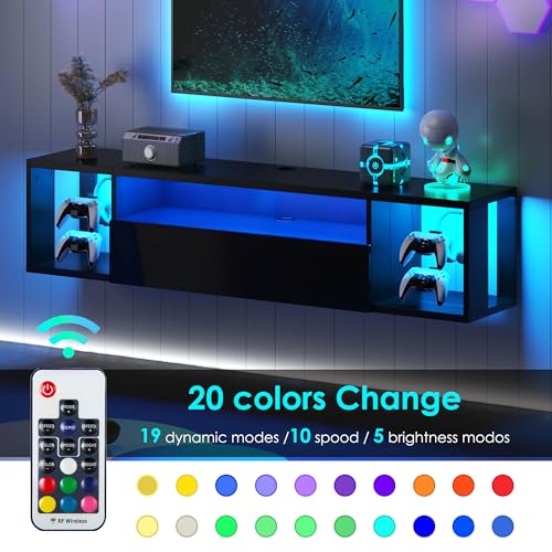 55 Inch Wall Mounted Floating TV Stand with LED Lights & Shelves, view 6
