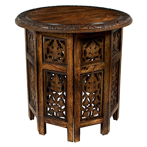 Solid Wood Accent End Table - Hand Carved Vintage Boho Folding Side Table - Small Spaces Entryway Farmhouse Living Room Bedside - No Tools Assembly -18x18 Round - Jaipur Antique Brown