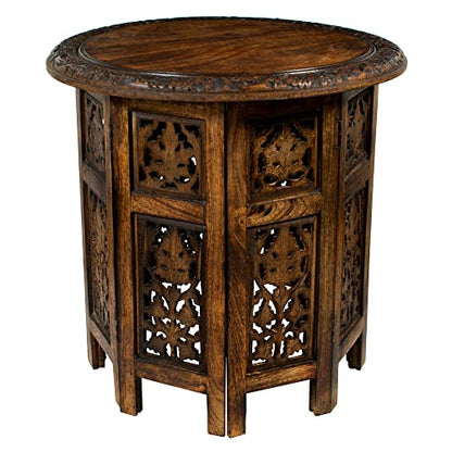 Solid Wood Accent End Table - Hand Carved Vintage Boho Folding Side Table - Small Spaces Entryway Farmhouse Living Room Bedside - No Tools Assembly -18x18 Round - Jaipur Antique Brown
