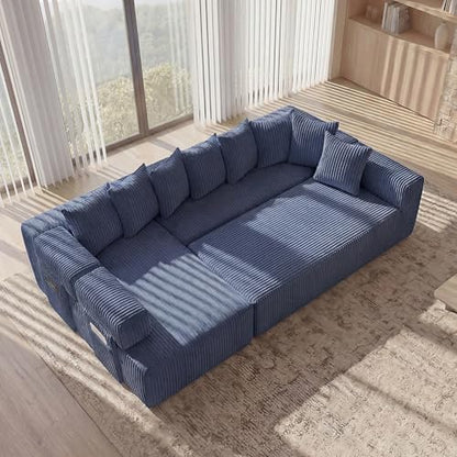 Oversized Cloud Boneless Couch with Chaise, 146" Modern U Shape Modular Deep Seat Sectional Sofa, Comfy Corduroy Upholstered Couches for Living Room, No Assembly Required-Blue