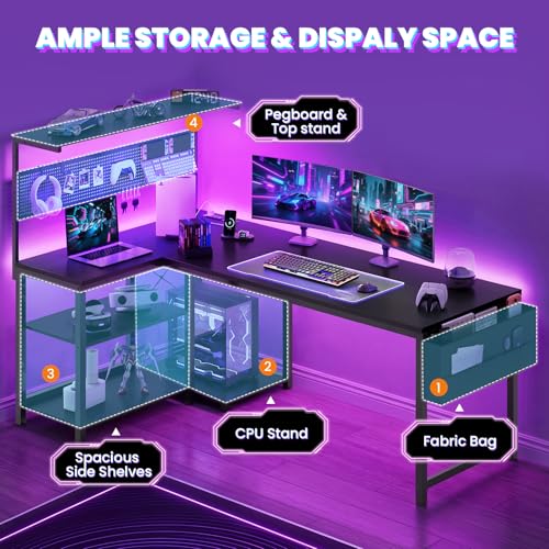 55in L Shaped Gaming Desk with Pegboard & Shelf & Storage Bag, Black, view 7