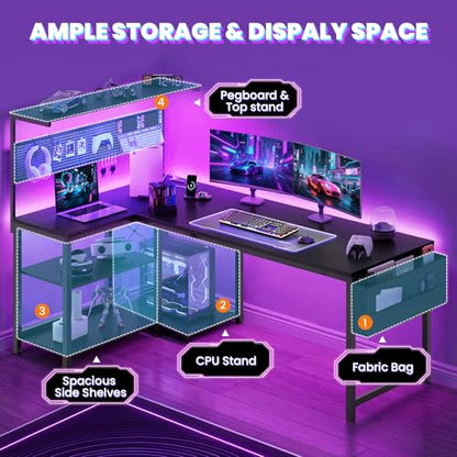 55in L Shaped Gaming Desk with Pegboard & Shelf & Storage Bag, Black, view 7