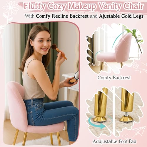 Fluffy Girls Vanity Chair with Back & Pillow,Cute Small Cozy Desk Chair No Wheels,Comfy Makeup Ch with Ajustable Gold Legs,for Bedroom,Living Room,Small Space,Pink