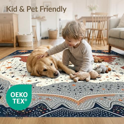 8'x10' Washable Area Rug Earth World Map Boho Design with Astronomy Planet Continents and Star Accents Foldable Easy Care for King Size Bedroom, Master Suite, Under Bed