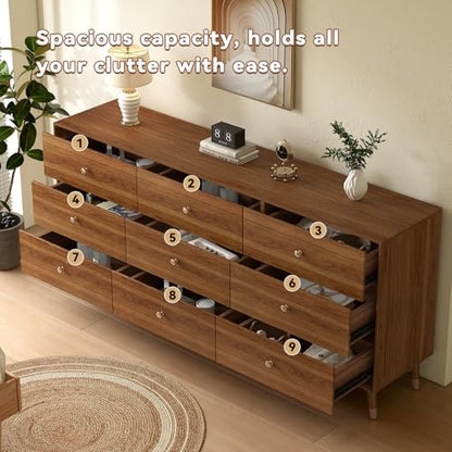 Dresser for Bedroom, 63 Inch 9 Drawer Wooden Chest of Drawers, view 4