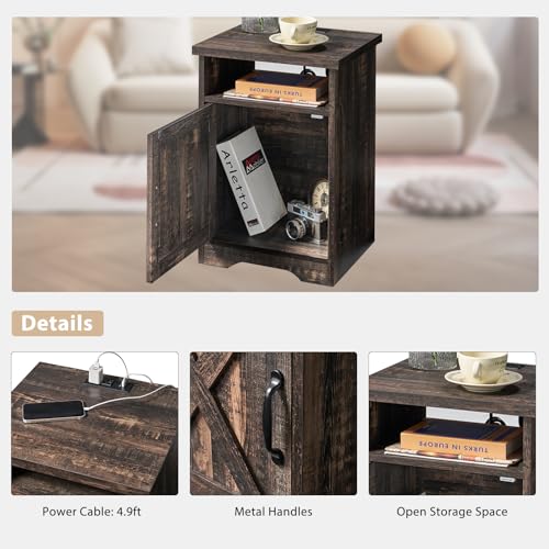 3-Piece Farmhouse Table Set Includes Coffee Table& Two End Tables, Side Table with Charging Station and USB Ports, for Living Room, Dark Oak