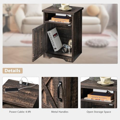 3-Piece Farmhouse Table Set Includes Coffee Table& Two End Tables, Side Table with Charging Station and USB Ports, for Living Room, Dark Oak