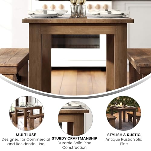 HERCULES 46" x 30" Rectangular Antique Rustic Solid Pine Farm Dining Table