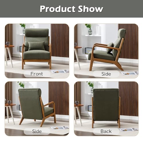 Mid Century Modern Accent Chair with High Back, Upholstered Living Room Chairs with Waist Cushion, Wood Frame Reading Armchair for Bedroom Sunroom, Green