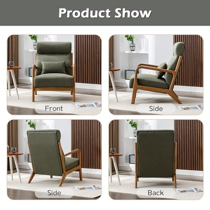 Mid Century Modern Accent Chair with High Back, Upholstered Living Room Chairs with Waist Cushion, Wood Frame Reading Armchair for Bedroom Sunroom, Green