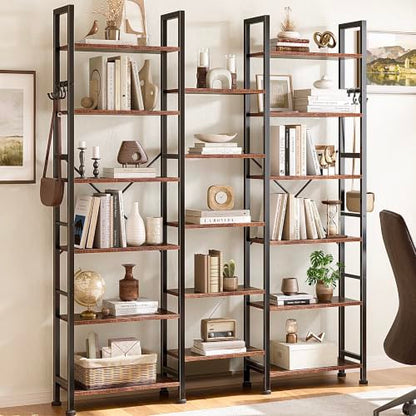 Triple Column Rustic Bookshelf with Hooks and Shelves, view 5
