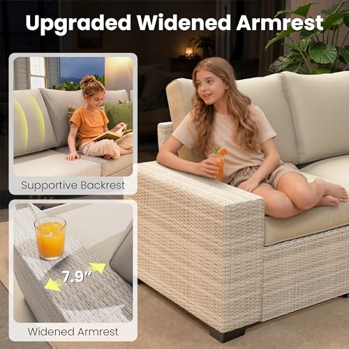 8 Piece Outdoor Patio Furniture Set, Outdoor Sectional Furniture, Rattan & Wicker Modern Modular Conversation Set Sofa Couch W/Water Resistant Washable Thick Cushions and Coffee Table, Beige
