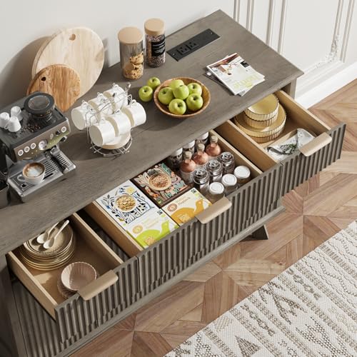 Fluted Sideboard Buffet Cabinet with Charging Station, 47.2" Kitchen Storage Cabinet with Drawers and Adjustable Shelves, Modern Coffee Bar Kitchen Table for Dining Room, Living Room, Grey