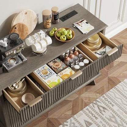 Fluted Sideboard Buffet Cabinet with Charging Station, 47.2" Kitchen Storage Cabinet with Drawers and Adjustable Shelves, Modern Coffee Bar Kitchen Table for Dining Room, Living Room, Grey