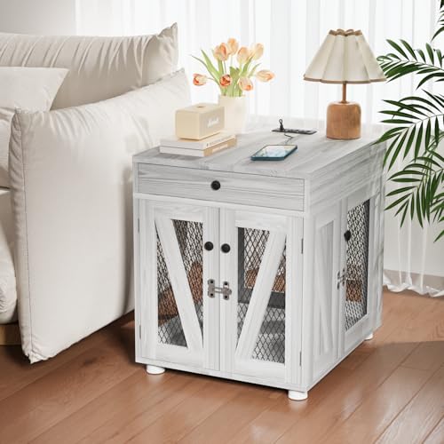 Wooden Dog Crate End Table with USB Charging Station, Gray, view 2