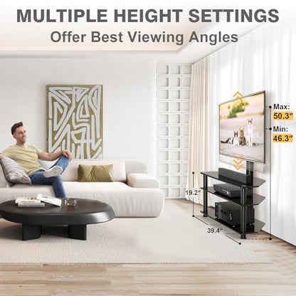 TAVR Swivel Floor TV Stand with Table for 32-70 Inch TVs | Universal Height Adjustable Glass TV Stand with Large Storage Shelves, Strong Corner TV Stand Mount Holds up to 88lbs, Black