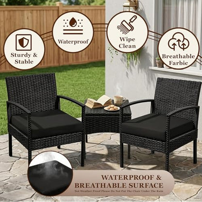 3 PCS Patio Rattan Conversation Bistro Chairs Set, Outdoor Patio Furniture Wicker Bistro Set with Coffee Table for Garden Porch Balcony Yard Lawn, Black