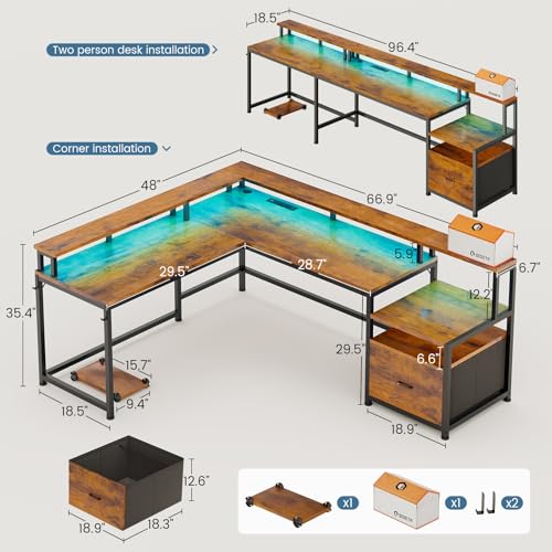 66" Reversible L Shaped Office Desk with Power Outlet, File Drawer, view 4