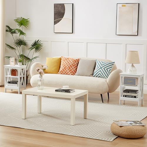 End Table Set of 2, Bedside Table, 24" Tall Living Room End Tables, X-Design Reinforced Nightstands, Side Table with 3-Tier Storage Shelves for Small Spaces, Office, Bathroom, Bedroom, White