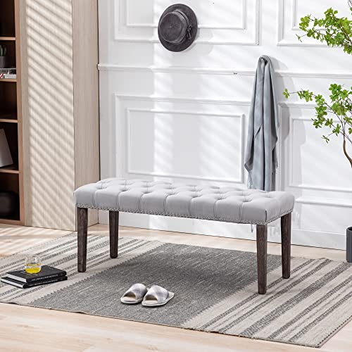 Button-Tufted Ottoman Bench, Upholstered Bedroom Benches Velvet Footrest Stool Accent Bench for Entryway Dining Room Living Room Bedroom End of Bed, Gray