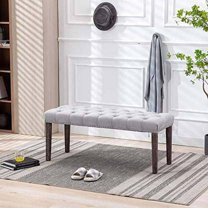 Button-Tufted Ottoman Bench, Upholstered Bedroom Benches Velvet Footrest Stool Accent Bench for Entryway Dining Room Living Room Bedroom End of Bed, Gray